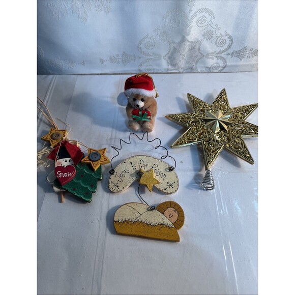 2 Wood Christmas Ornaments -Star Tree Topper -Plush Teddy Bear Ornament Lot of 4 - Picture 1 of 10